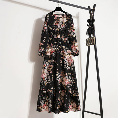 Spring and Autumn floral chiffon dress waist thin long sleeve round neck long printed skirt