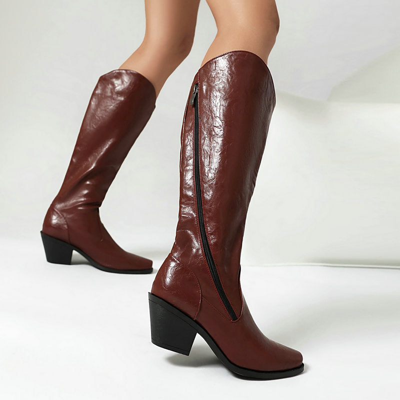 Chunky Heel Leather Martin Knee Boots | Big Sizes up to US16