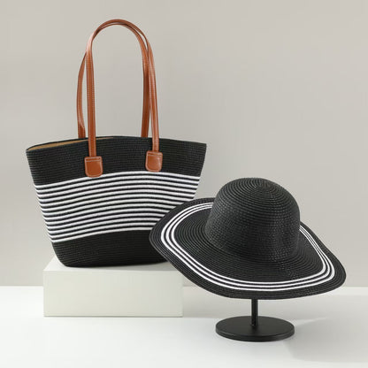 Straw Hat &amp; Tote Two-Piece Set – Wide-Brim Beach Duo, Large Capacity Striped Vacation Kit
