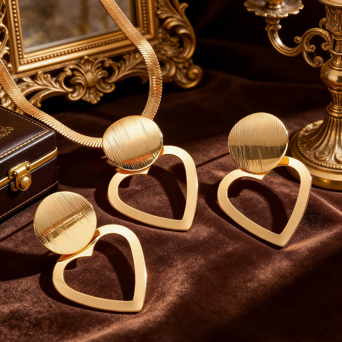 Creative Circle Heart Geometric Pendant Necklace &amp; Earrings Elegant Jewelry Set