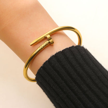 Stainless Steel Gold Bangle Set Zircon Inlaid Nail &amp; Lucky Four Leaf Clover Bangles