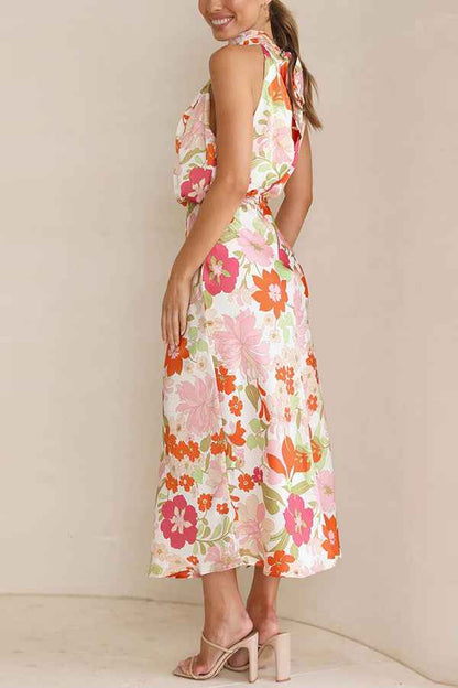 Sleeveless Strap Dress Slim Dress Satin Printing Temperament