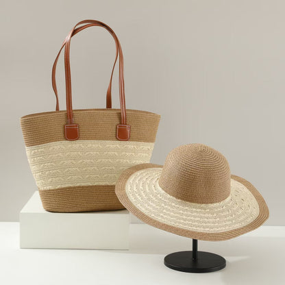 Straw Hat &amp; Tote Two-Piece Set – Wide-Brim Beach Duo, Large Capacity Striped Vacation Kit