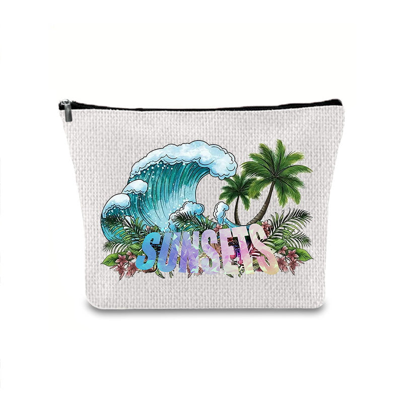 Linen printed cosmetic bag, cosmetic lipstick storage bag, small simple zipper evening clutch bag,