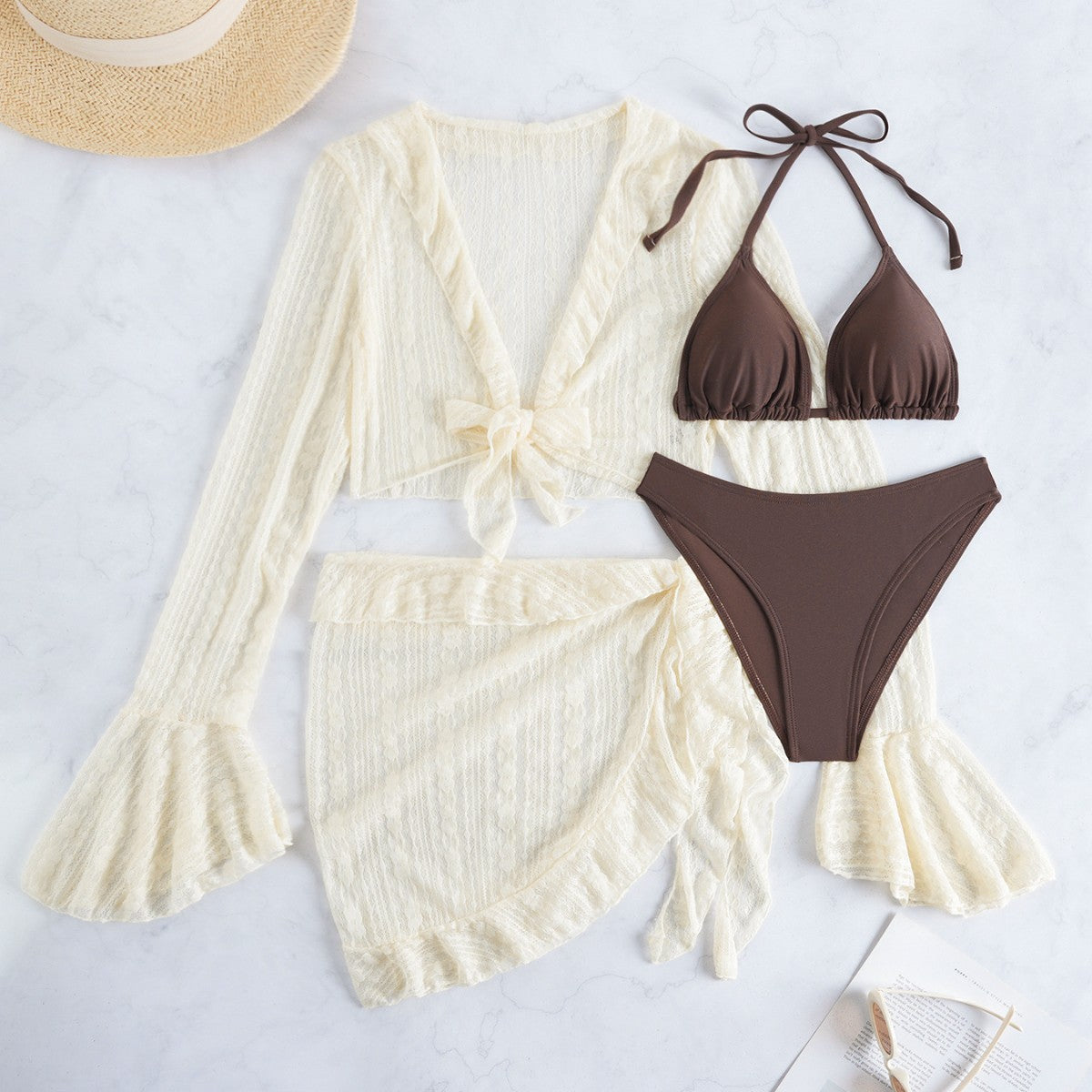 Long Sleeve Cover Up Triangle Apron Four Piece Bikini Lace Swimsuit Women&
