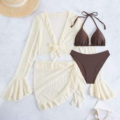 Long Sleeve Cover Up Triangle Apron Four Piece Bikini Lace Swimsuit Women&