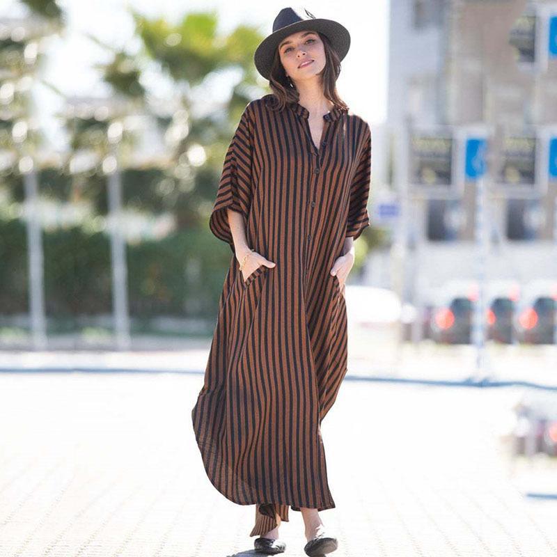 Black &amp; Brown Striped Beach Robe ¨C Sexy Single-Breasted Bikini Cover-Up, Vacation Kimono