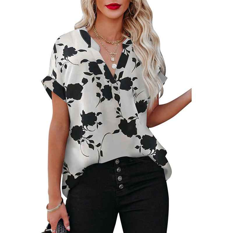 Printed Short Sleeve Shirt Loose V-Neck