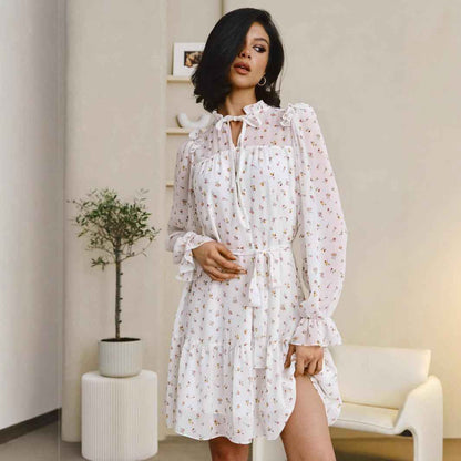 Chiffon floral dress neckline ruffle strap splicing horn skirt Pleated Mini Dress Lace Up Ruffle