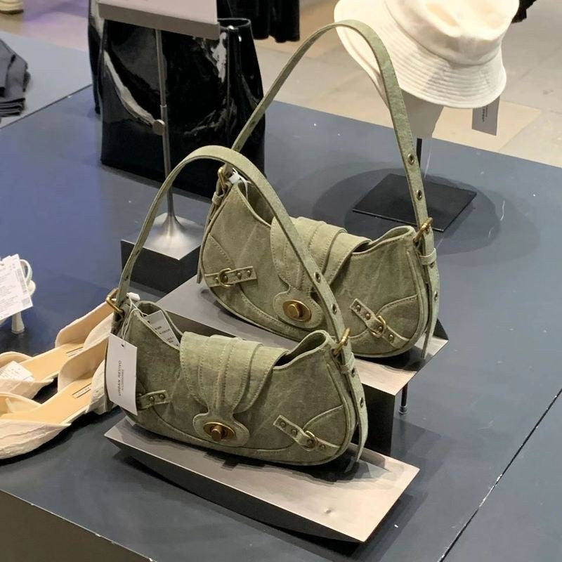 Vintage Army Green Splicing Armpit Bag – Stylish Small Shoulder Purse, Versatile Spring Spice Girl Bag &amp; Handbag  hobo
