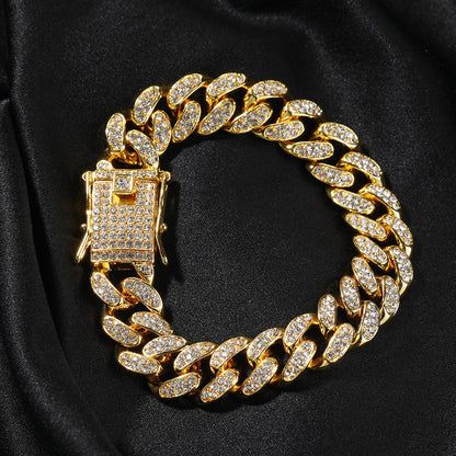 Hip-Hop 12mm Diamond-Encrusted Cuban Chain Bracelet