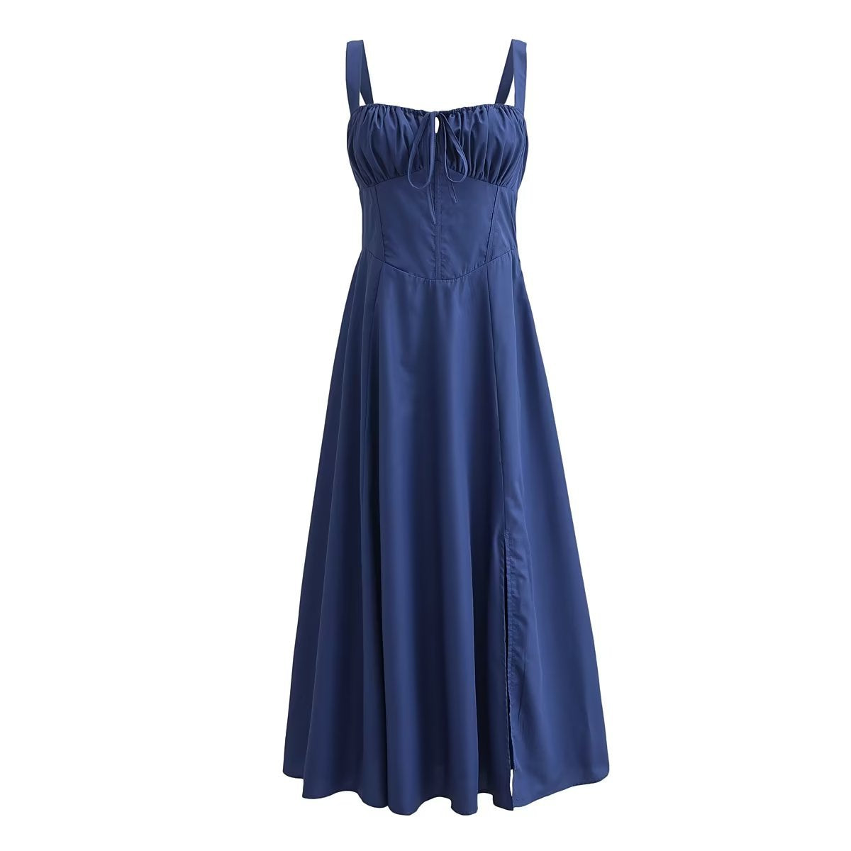 Square Neck Bustier Midi Dress - Low Cut Sleeveless Swing Sundress with Lace Trim &amp; Spaghetti Straps