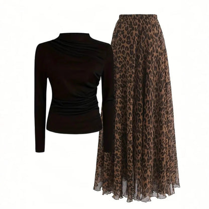Leopard Print Skirt &amp; Black Top Set
