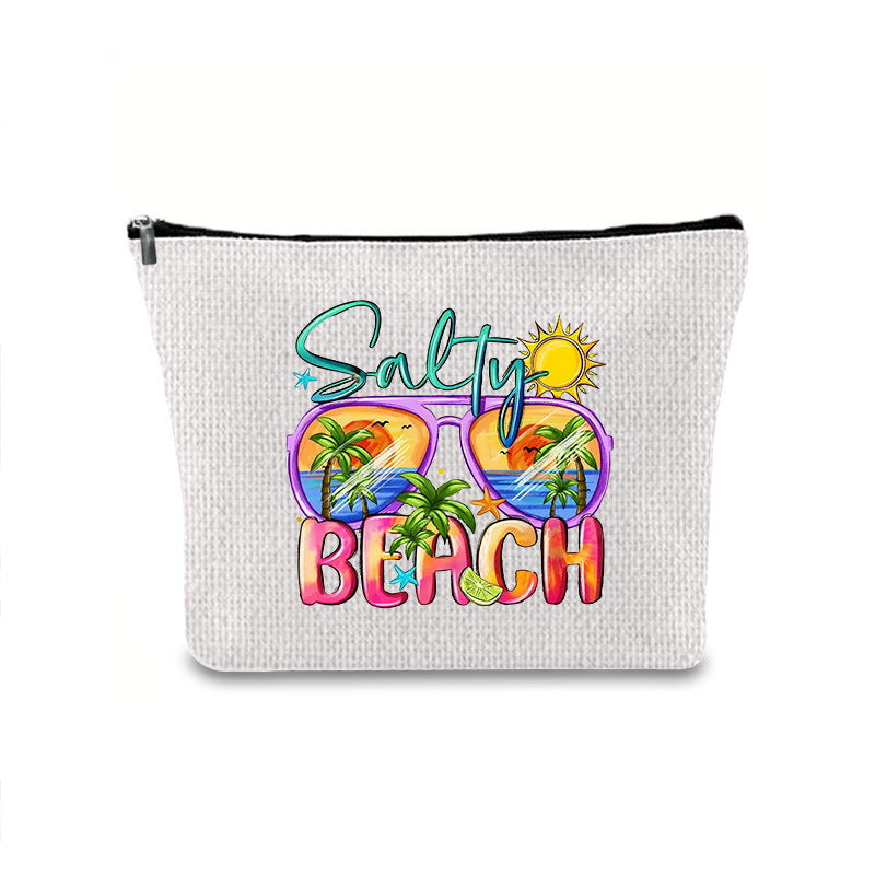 Linen printed cosmetic bag, cosmetic lipstick storage bag, small simple zipper evening clutch bag,