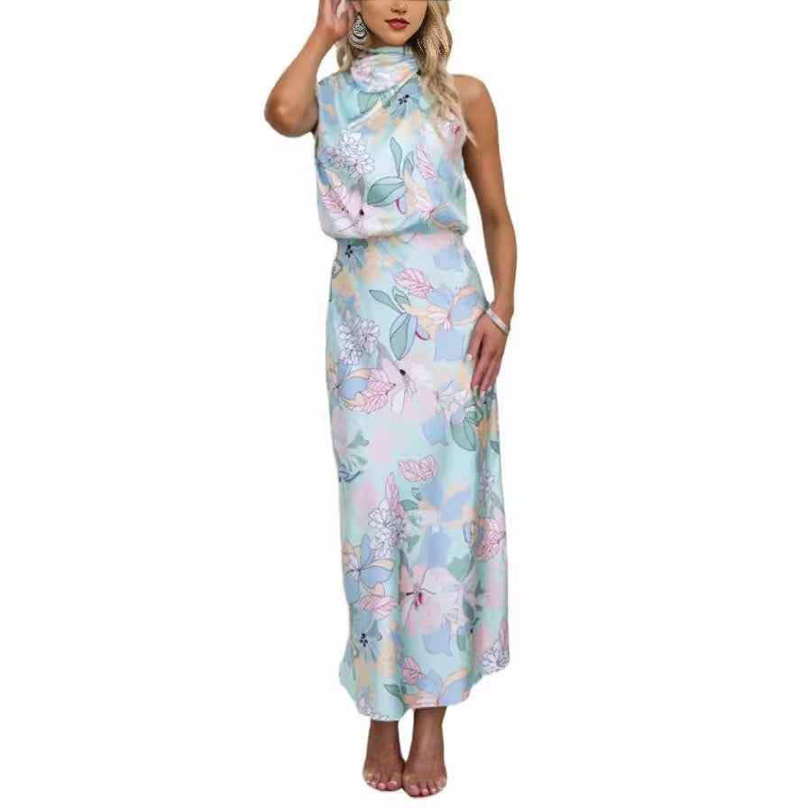 Sleeveless Strap Dress Slim Dress Satin Printing Temperament