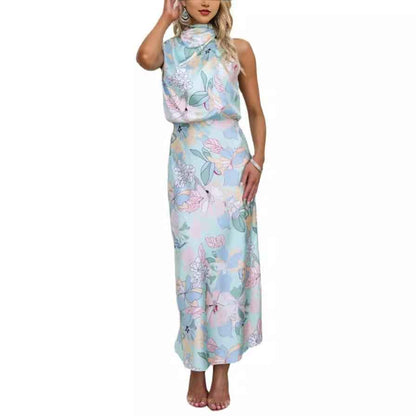 Sleeveless Strap Dress Slim Dress Satin Printing Temperament