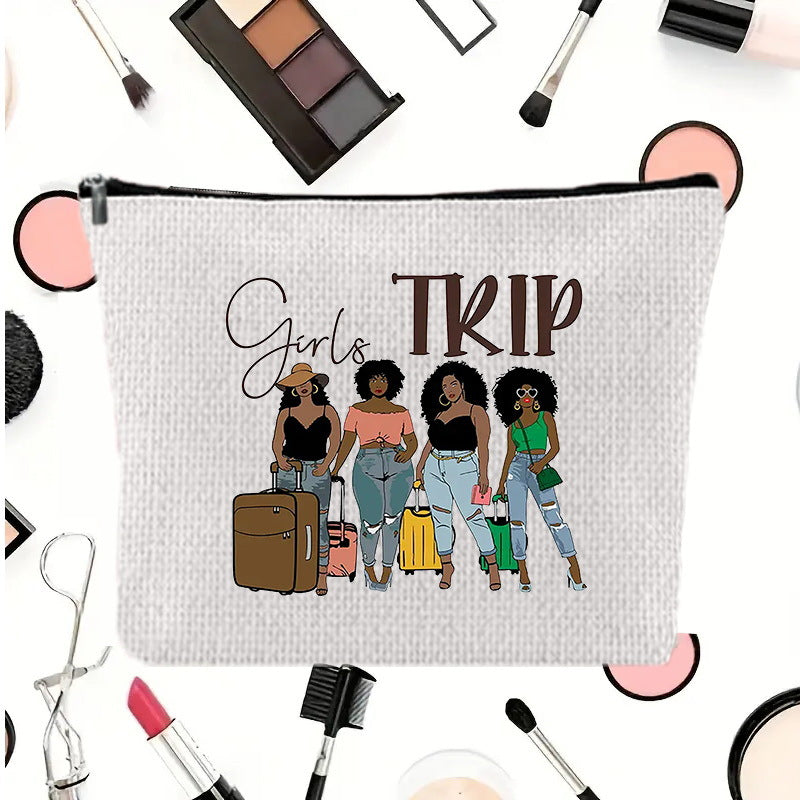 Linen printed cosmetic bag, cosmetic lipstick storage bag, small simple zipper evening clutch bag,