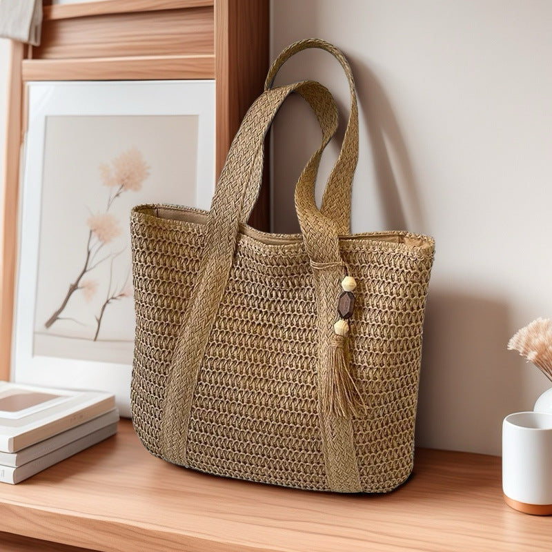 Wooden Bead Tassel Handwoven Bag – Large Straw Tote, Vacation Beach Shoulder &amp; Hand Purse