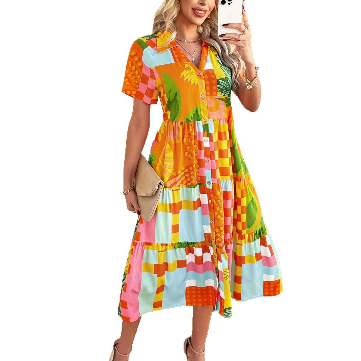 Spring Summer Casual Bohemian Vacation High Waist Geometric Contrast Dress Sub Women&