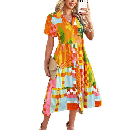Spring Summer Casual Bohemian Vacation High Waist Geometric Contrast Dress Sub Women&