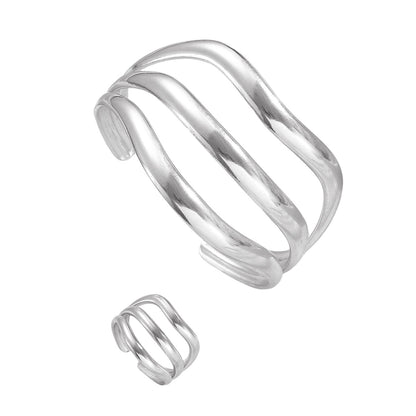 Exaggerated Vintage Stainless Steel Multi-Layer Wavy Ring &amp; Bangle Set Party Banquet