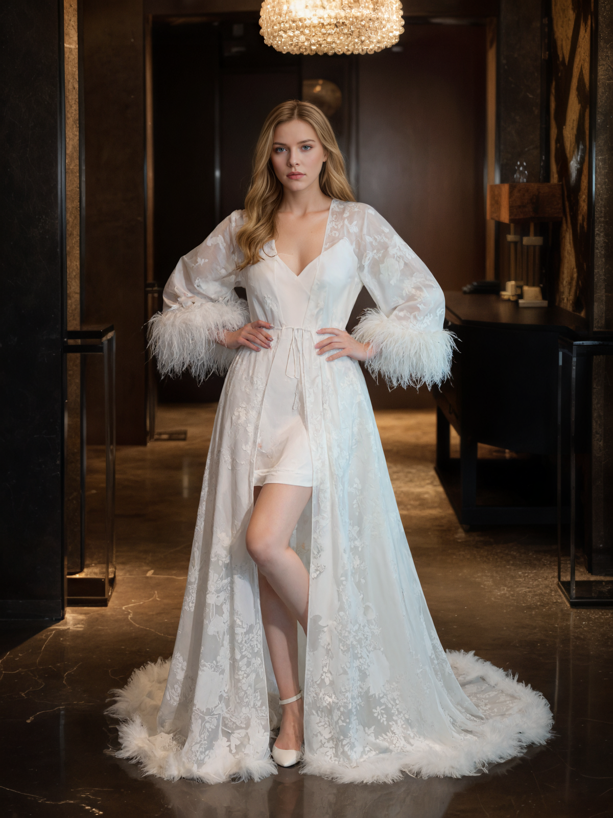 Luxury White Feather Trim Lace Long Robe Dress Set | Bridal Getting Ready &amp; Photoshoot Gown
