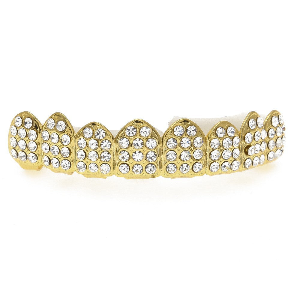 Hip-hop diamond-encrusted and gold-plated teeth grillz
