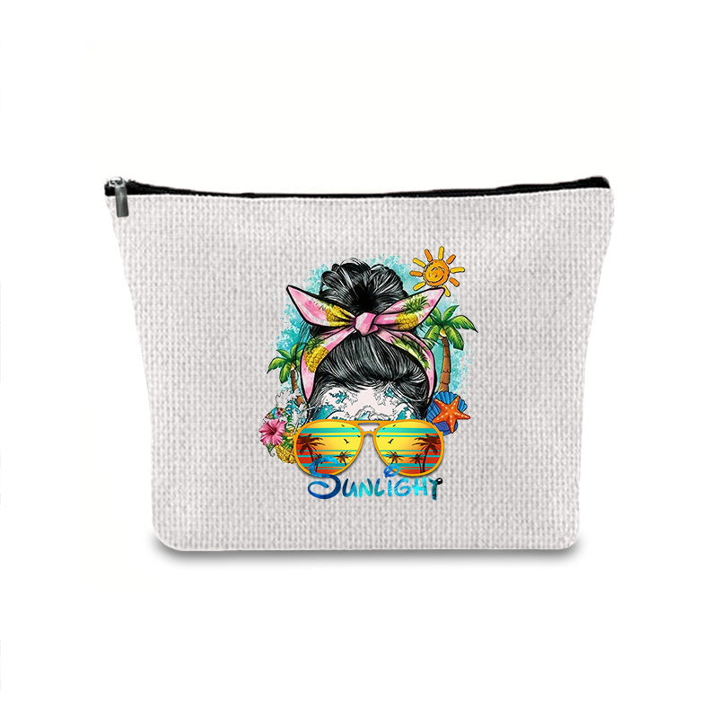Linen printed cosmetic bag, cosmetic lipstick storage bag, small simple zipper evening clutch bag,