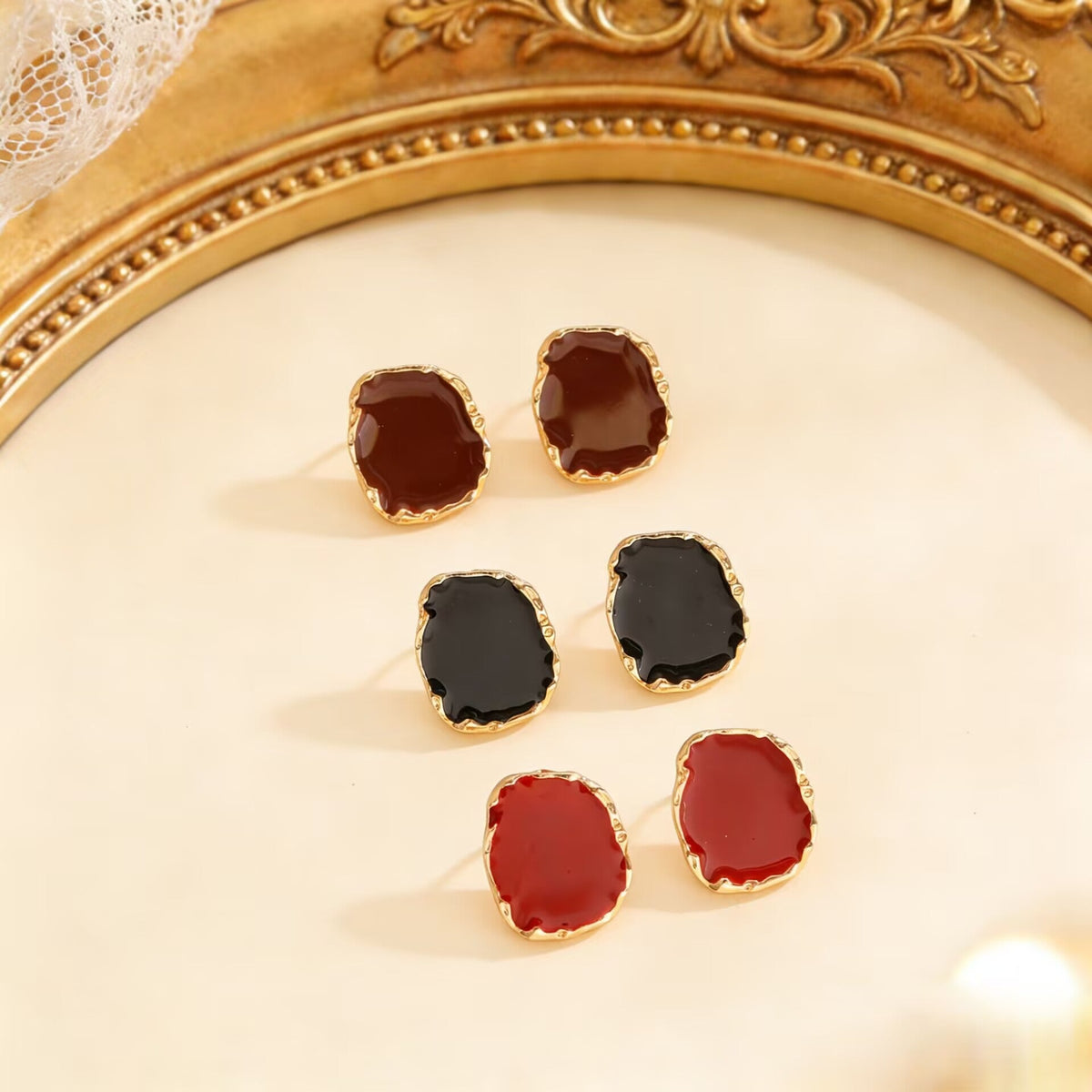 Vintage Irregular Square Red Black Glazed Ring &amp; Earrings Set Women Jewelry