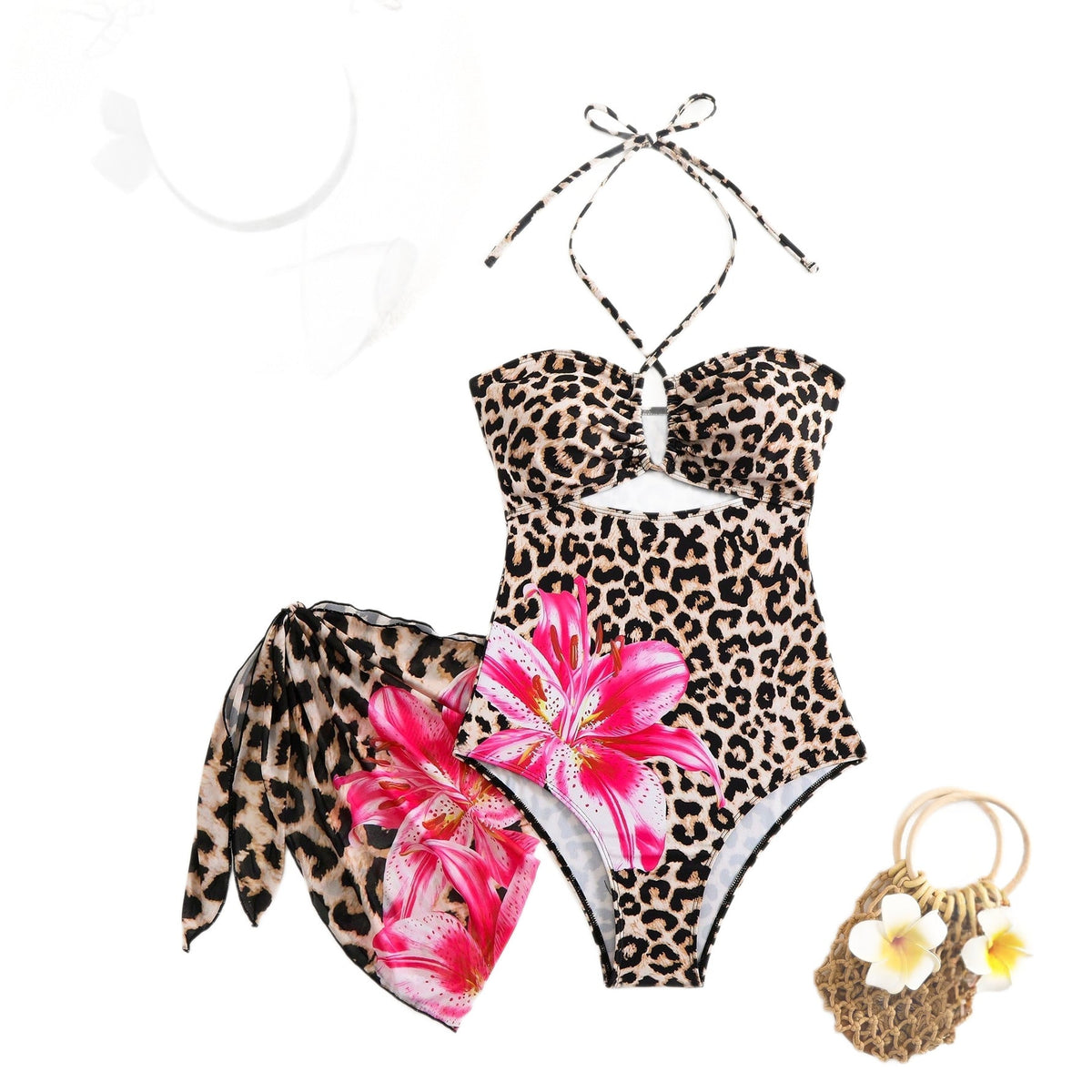 Leopard Print Floral Positioning Print Sexy Backless Women&
