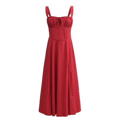 Square Neck Bustier Midi Dress - Low Cut Sleeveless Swing Sundress with Lace Trim &amp; Spaghetti Straps