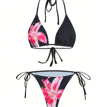 Apron Three Piece Bikini Vintage Print Long Skirt Swimsuit Women&