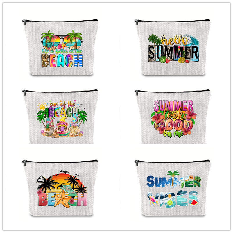 Linen printed cosmetic bag, cosmetic lipstick storage bag, small simple zipper evening clutch bag,