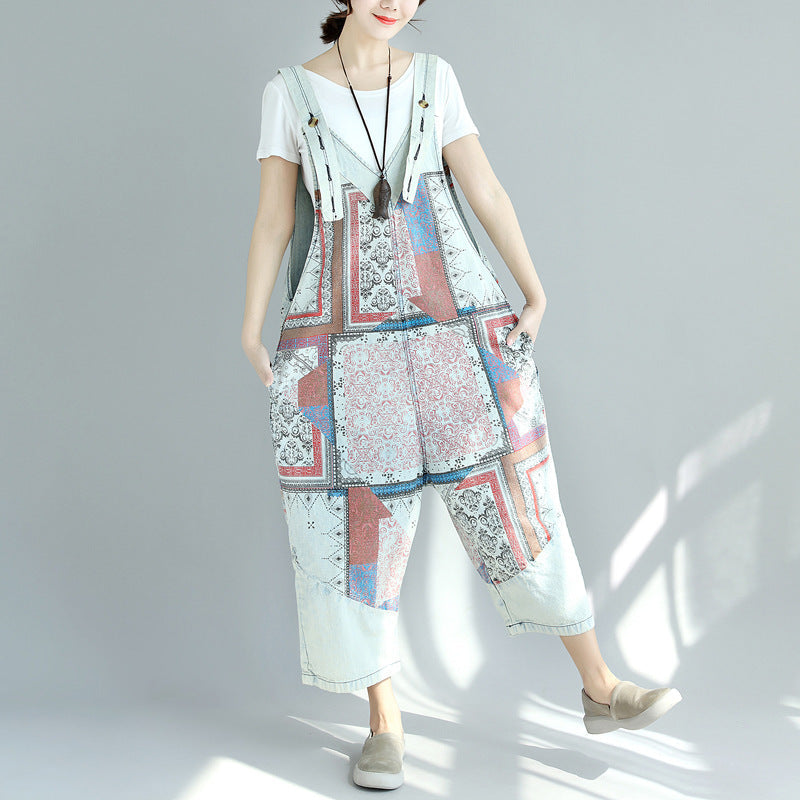 Printed Denim Suspender Pants with Worn-Out Look