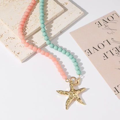 starfish necklace glass beaded red green necklace