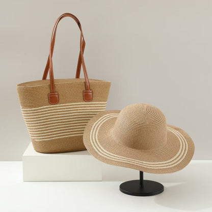 Straw Hat &amp; Tote Two-Piece Set – Wide-Brim Beach Duo, Large Capacity Striped Vacation Kit