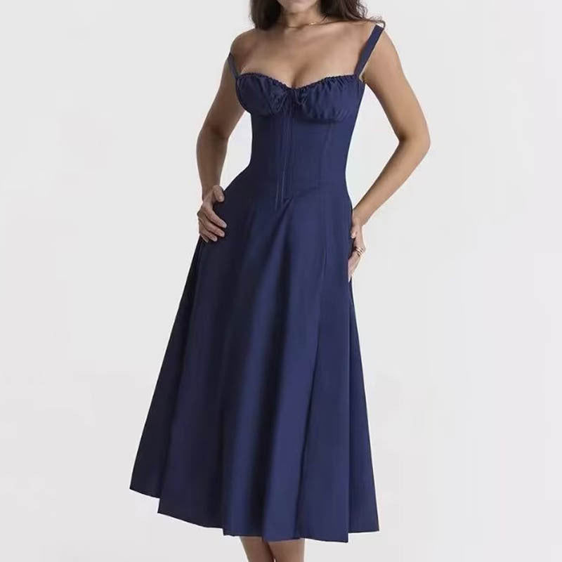 Square Neck Bustier Midi Dress - Low Cut Sleeveless Swing Sundress with Lace Trim &amp; Spaghetti Straps