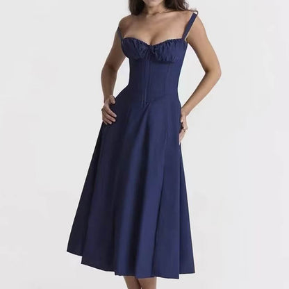Square Neck Bustier Midi Dress - Low Cut Sleeveless Swing Sundress with Lace Trim &amp; Spaghetti Straps