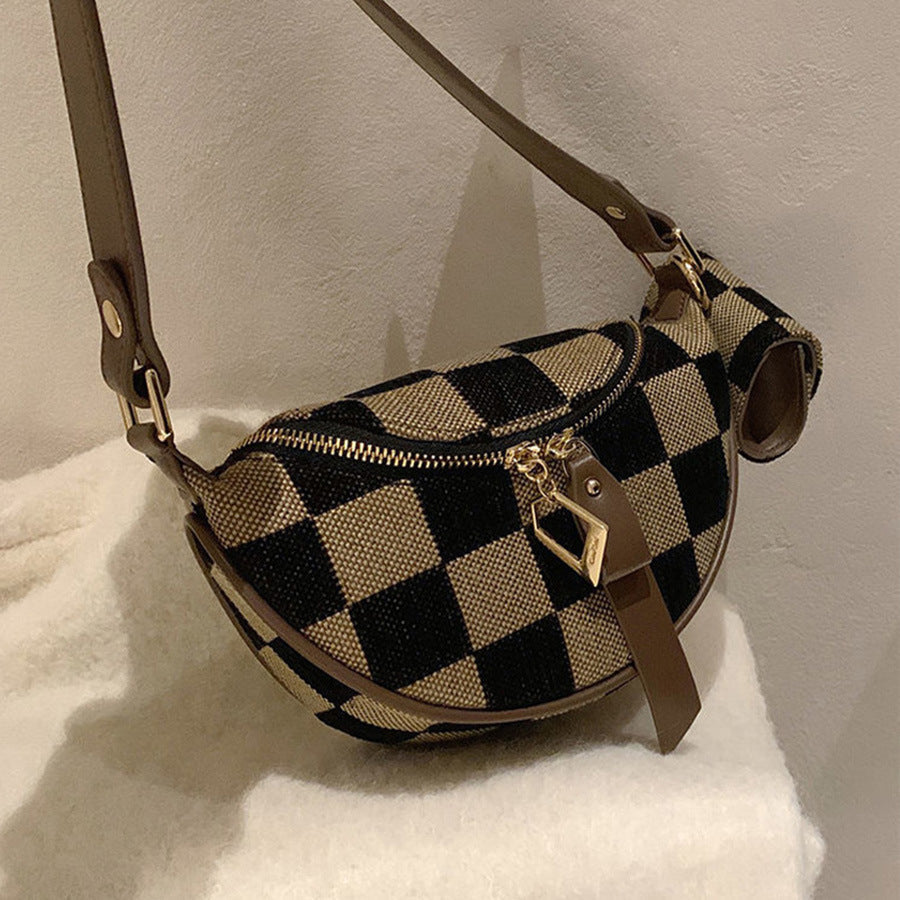 Small Crossbody Bag – Versatile Commute with Checkerboard Canvas, Compact Earphone Bag, Stylish 2-in-1 Chest Bag &amp; Fanny Pack for Everyday Use