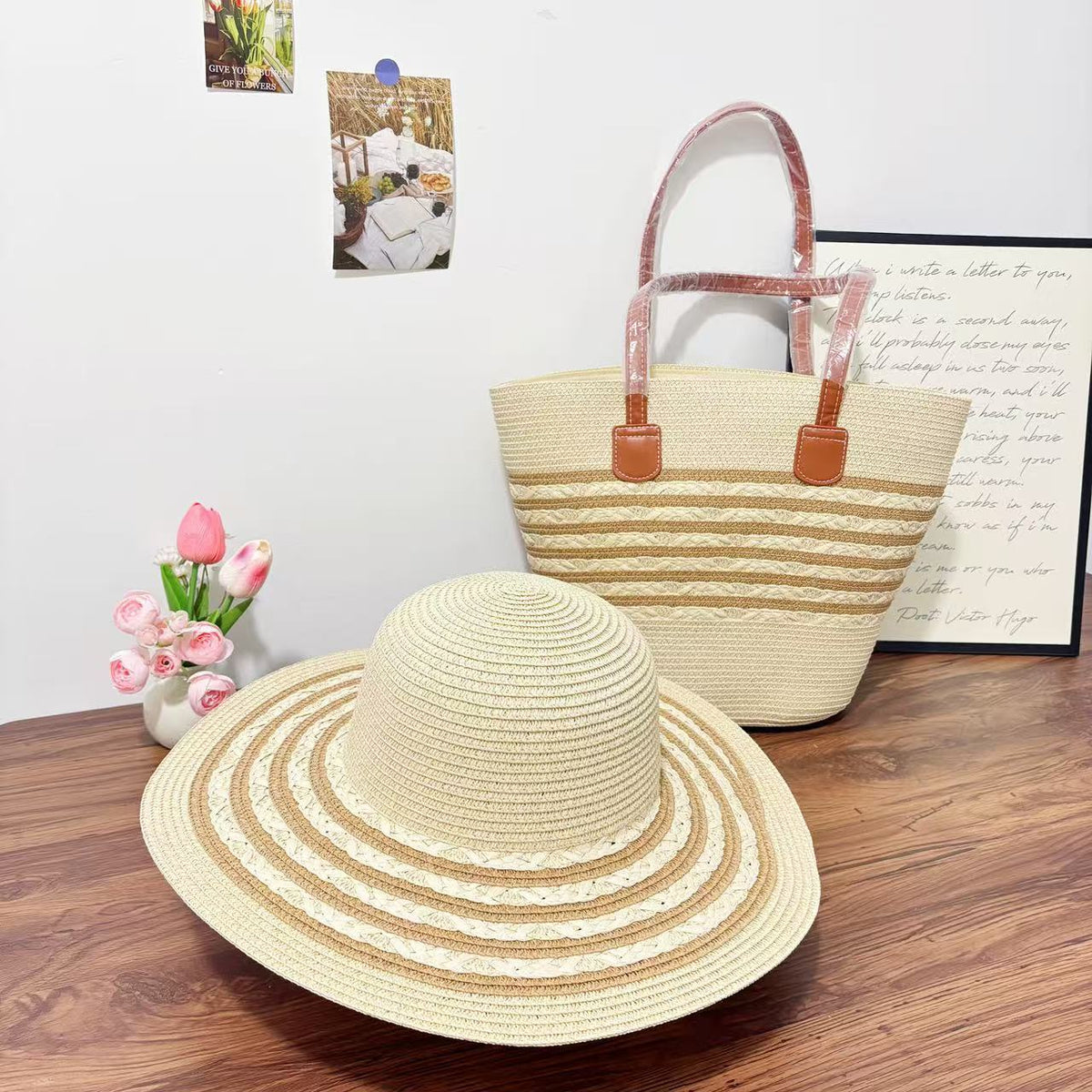 Straw Hat &amp; Tote Two-Piece Set – Wide-Brim Beach Duo, Large Capacity Striped Vacation Kit