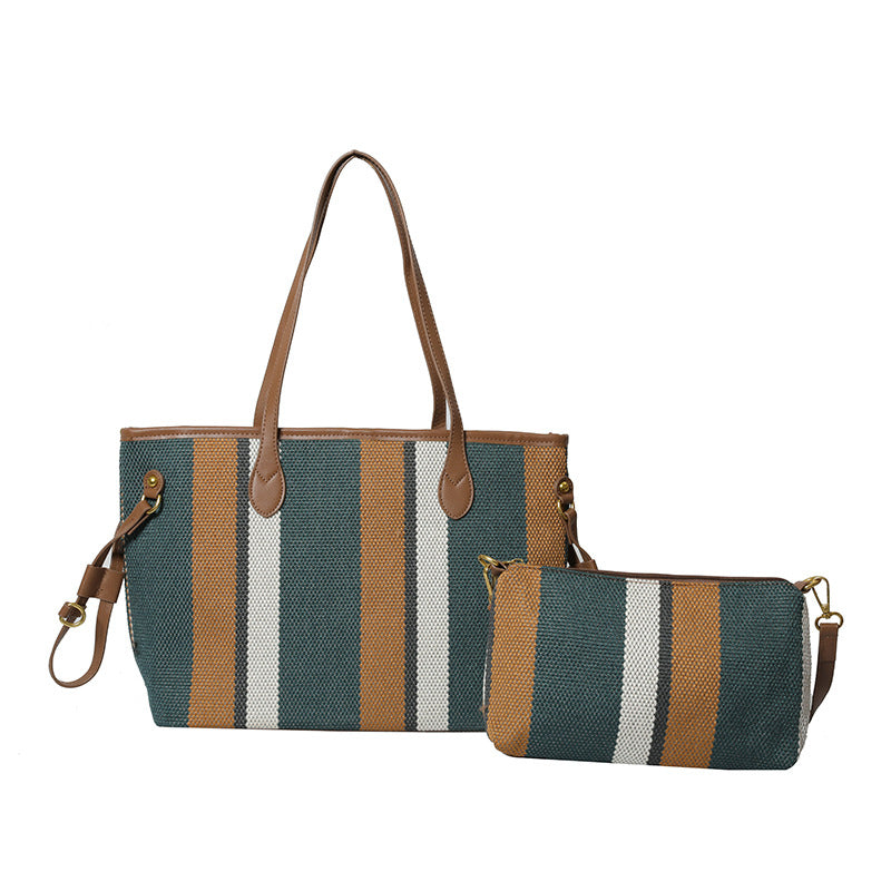 Canvas Striped Letter Print Tote – Large Shoulder &amp; Crossbody Bag, Trendy Versatile Shopper