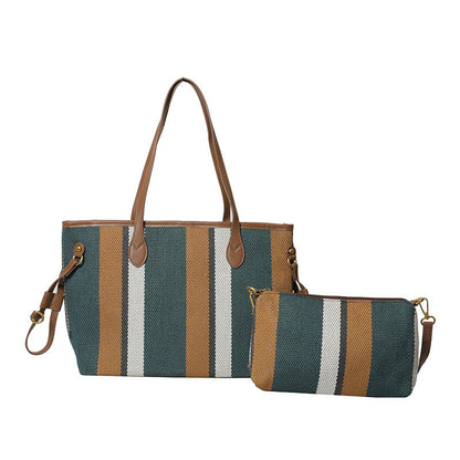 Canvas Striped Letter Print Tote – Large Shoulder &amp; Crossbody Bag, Trendy Versatile Shopper
