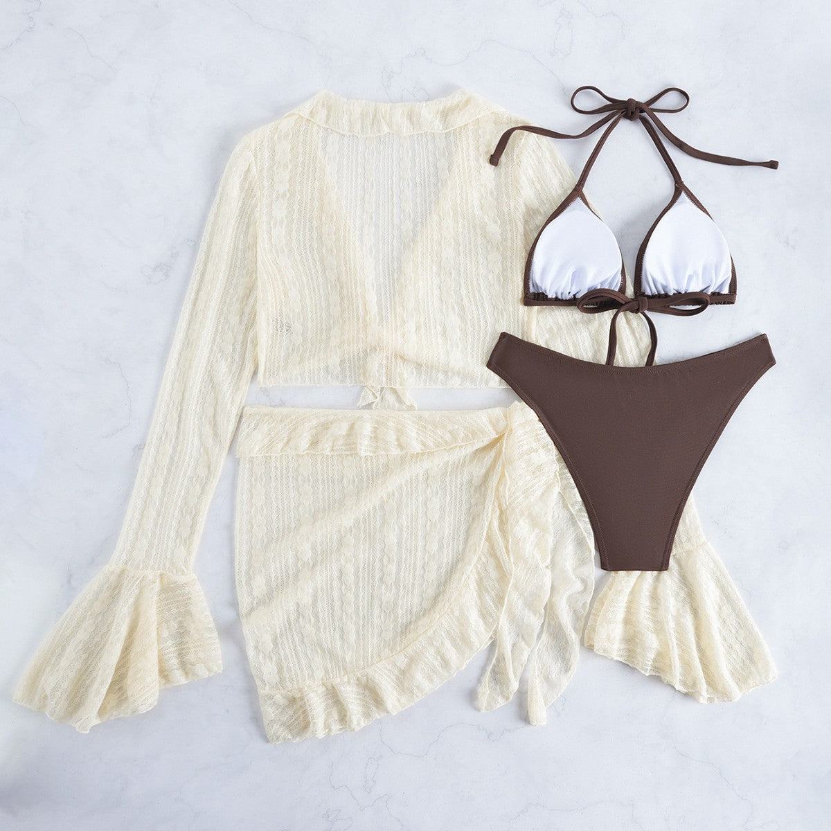 Long Sleeve Cover Up Triangle Apron Four Piece Bikini Lace Swimsuit Women&