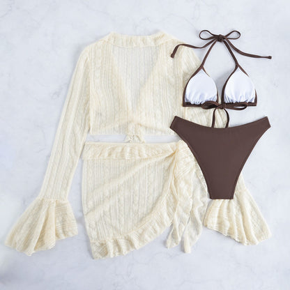 Long Sleeve Cover Up Triangle Apron Four Piece Bikini Lace Swimsuit Women&