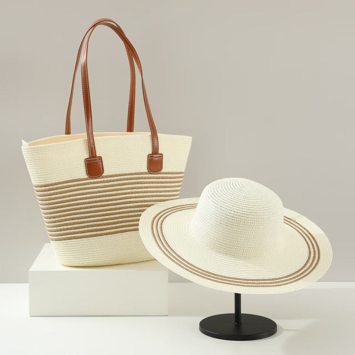 Straw Hat &amp; Tote Two-Piece Set – Wide-Brim Beach Duo, Large Capacity Striped Vacation Kit
