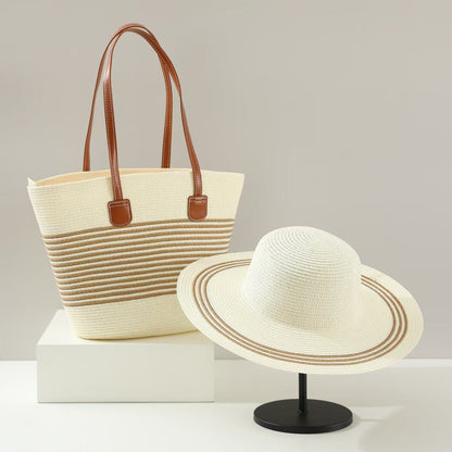 Straw Hat &amp; Tote Two-Piece Set – Wide-Brim Beach Duo, Large Capacity Striped Vacation Kit