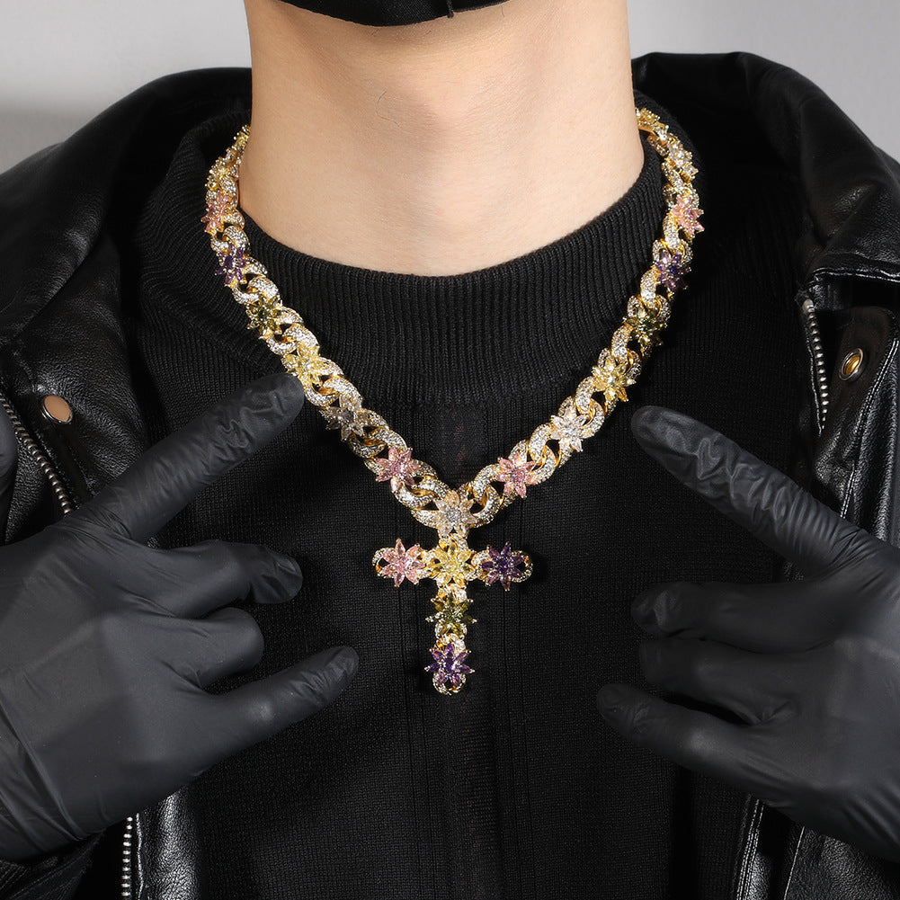 Colorful zircon ice flower cross necklace