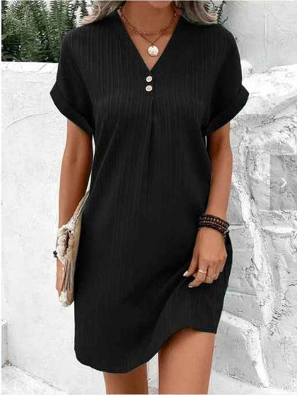 Solid Color Pullover Comfortable Casual Button Dress V-Neck Batwing Sleeve Dress