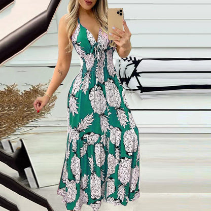 Summer Bustier Spaghetti Strap High Waist Printed Maxi Dress Sexy Women&