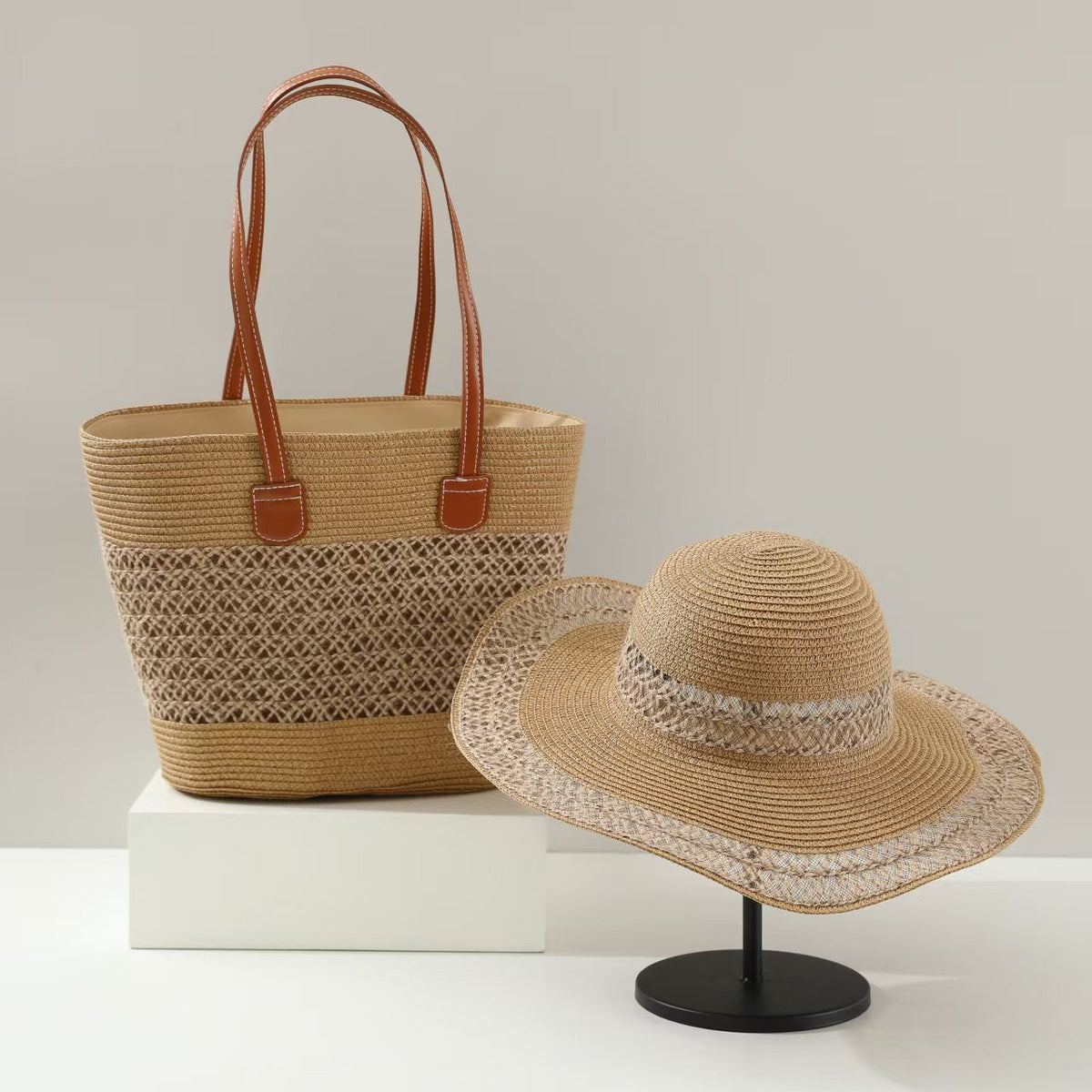 Straw Hat &amp; Tote Two-Piece Set – Wide-Brim Beach Duo, Large Capacity Striped Vacation Kit